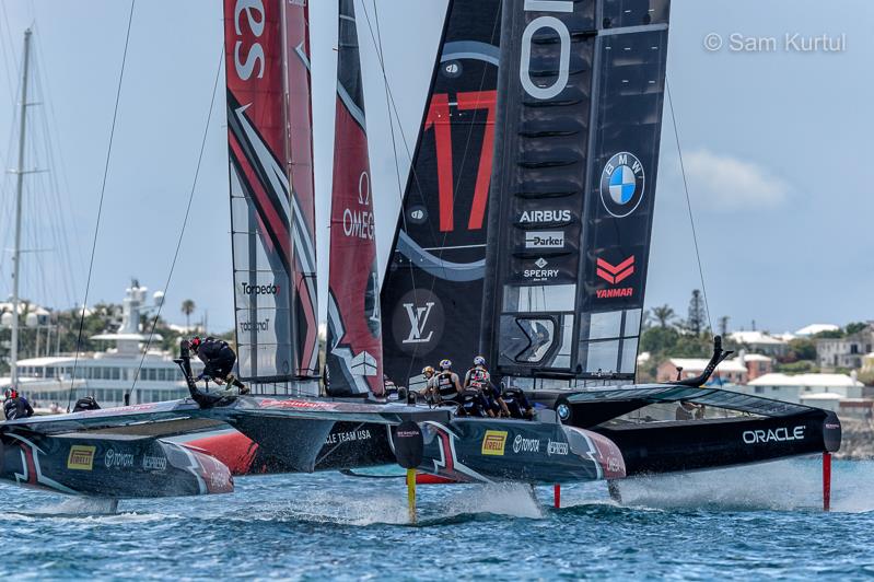 Emirates Team New Zealand dominate ORACLE TEAM USA on day 1 of the 35th America's Cup Match photo copyright Sam Kurtul / www.worldofthelens.co.uk taken at  and featuring the AC50 class