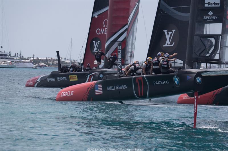 Emirates Team New Zealand dominate ORACLE TEAM USA on day 1 of the 35th America's Cup Match photo copyright ACEA 2017 / Gilles Martin-Raget taken at  and featuring the AC50 class
