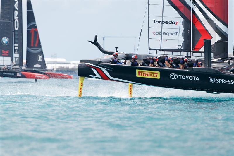 Emirates Team New Zealand dominate on day 1 of the 35th America's Cup Match photo copyright Richard Hodder / ETNZ taken at  and featuring the AC50 class