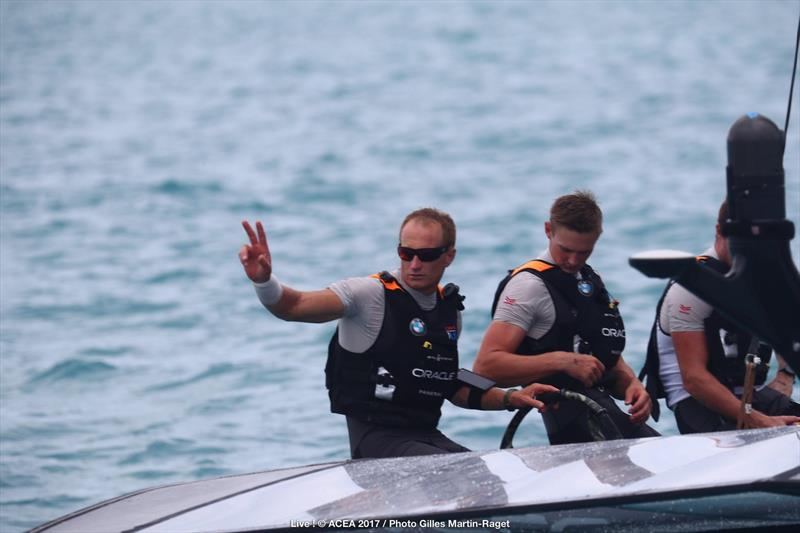 A happier Jimmy Spithill after ORACLE TEAM USA's race win on day 3 of the 35th America's Cup Match photo copyright ACEA 2017 / Gilles Martin-Raget taken at  and featuring the AC50 class