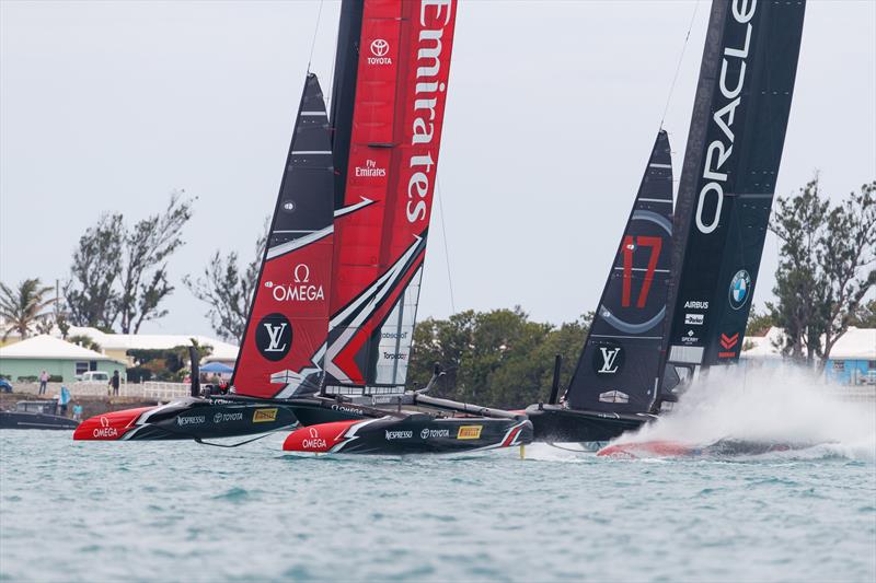 Tight racing between ORACLE TEAM USA and Emirates Team New Zealand on day 3 of the 35th America's Cup Match photo copyright Richard Hodder / ETNZ taken at  and featuring the AC50 class