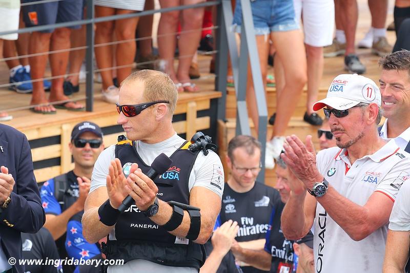 Jimmy Spithilll and Larry Ellison congratulate Emirates Team New Zealand's win in the 35th America's Cup Match - photo © Ingrid Abery / www.ingridabery.com