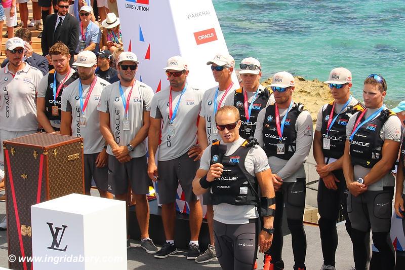 Jimmy Spithill speaks at the prize giving after Emirates Team New Zealand win the 35th America's Cup Match - photo © Ingrid Abery / www.ingridabery.com