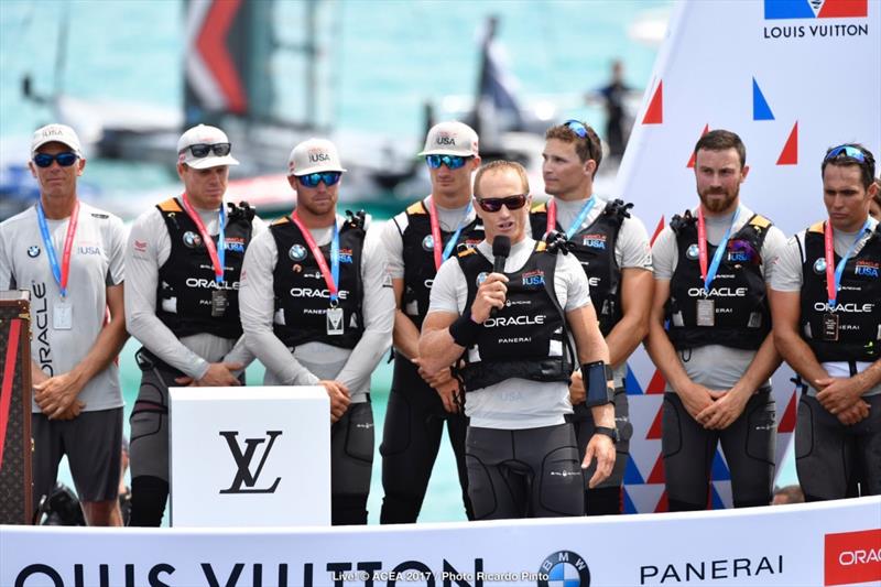 Jimmy Spithill and ORACLE TEAM USA after the 35th America's Cup Match photo copyright ACEA 2017 / Ricardo Pinto taken at  and featuring the AC50 class