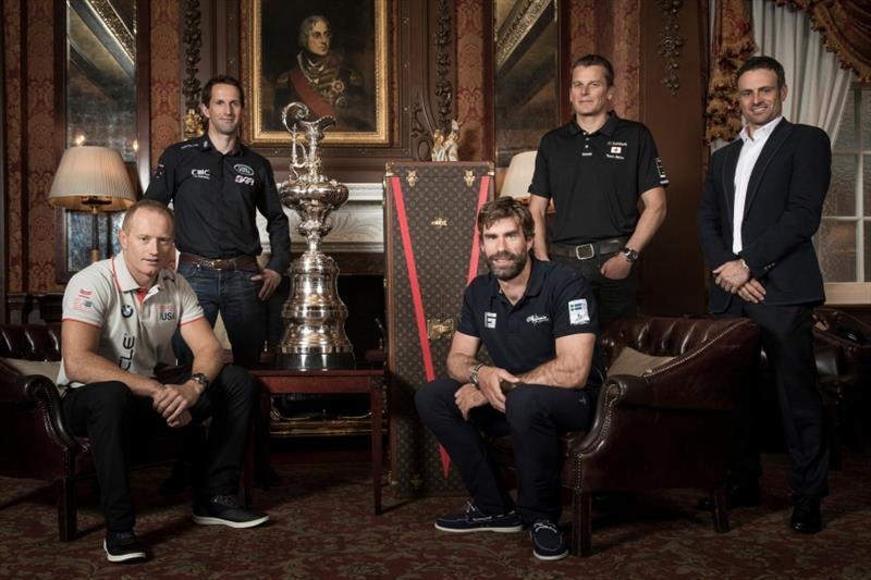 America's Cup Framework announcement, January 26, 2017. From left at rear, Ben Ainslie (LRBAR), Dean Barker (Softbank TJ), Franck Cammas (Groupama TF), in Front: Jimmy Spithill (OTUSA), Iain Percy (Artemis) - photo © America's Cup Events Authority