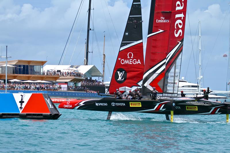 Emirates Team NZ about to cross the finish line in Bermuda in Race 9 of the 35th Match, bringing the America's Cup back to New Zealand photo copyright Richard Gladwell taken at  and featuring the AC50 class