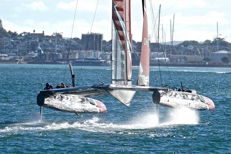 Future America's Cup champion, Emirates Team New Zealand on the Waitemata. March 23, 2017 with the 36th America's Cup bases venue in the background photo copyright Richard Gladwell taken at New York Yacht Club and featuring the AC50 class