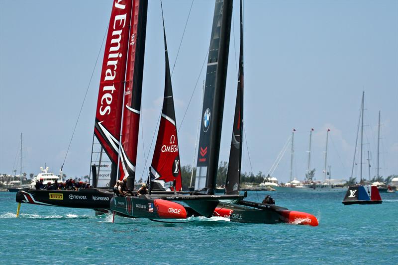 TV cameras were even placed on the end of the bowsprit - Emirates Team New Zealand and Oracle Team USA - 35th America's Cup Match - Start Race 1 - Bermuda June 17, 2017 photo copyright Richard Gladwell taken at  and featuring the AC50 class