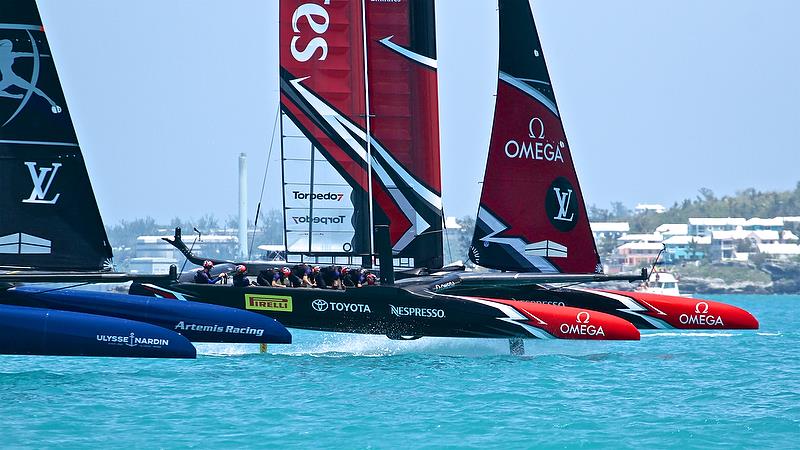 Artemis Racing and Emirates Team NZ, starts, Race 1, Round Robin2, America's Cup Qualifier - Day 4, May 30, 2017 photo copyright Richard Gladwell taken at  and featuring the AC50 class