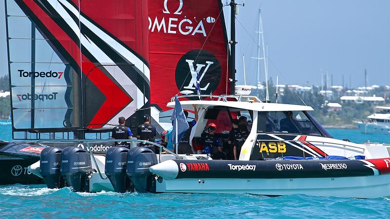 Emirates Team New Zealand' tender pulls alongside after the race. The Measurement representative can just be seen in the aqua colored shirt - Round Robin 2, Day 4 - 35th America's Cup - Bermuda May 30, 2017 photo copyright Richard Gladwell taken at  and featuring the AC50 class