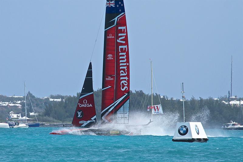 Emirates Team New Zealand comes of the foils setting up for sideslipping to get into the Royal Dockyard after Race 10 - Round Robin2, America's Cup Qualifier - Day 7, June 2, 2017 (ADT) photo copyright Richard Gladwell taken at  and featuring the AC50 class