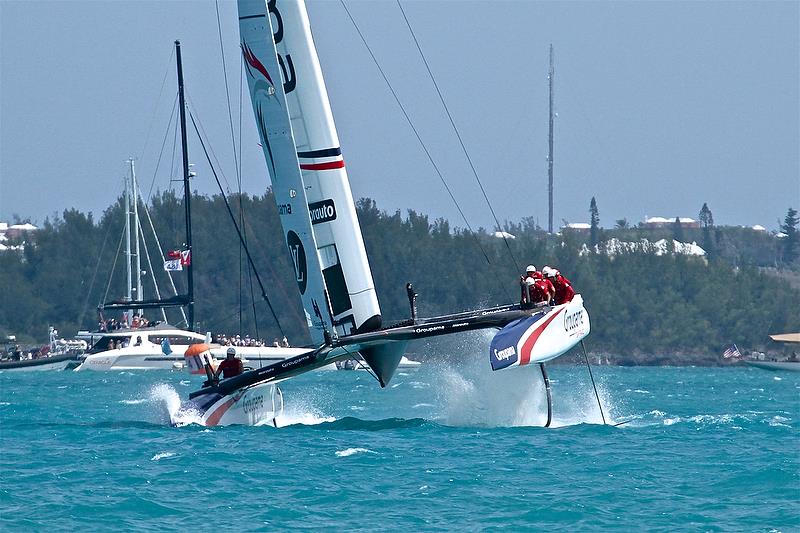 Groupama Team France comes within an ace of a full nosedive as her windward rudder aileron begins to clear the water releasing 800kg of downward thrust - Leg 4 - Race 10 - Round Robin 2, Day 7 - 35th America's Cup - Bermuda June 1, 2017 - photo © Richard Gladwell