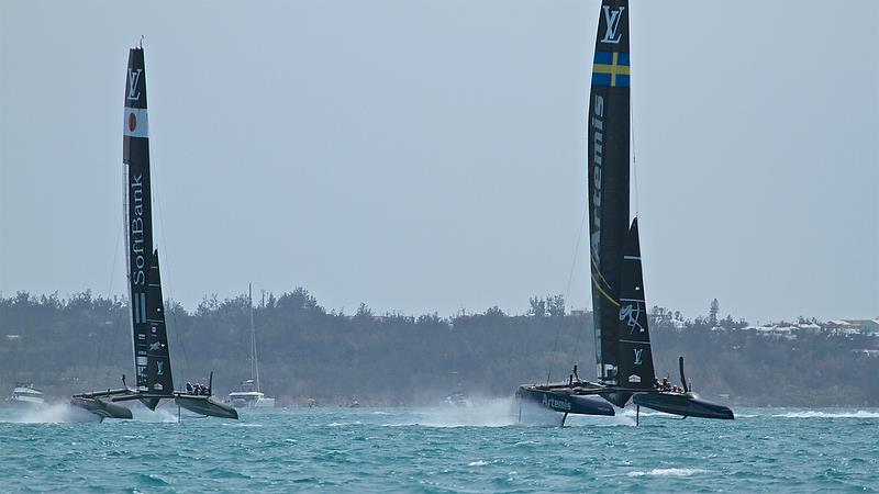 Softbank Team Japan chases Artemis Racing, Leg 4 - Race 11 - Round Robin2, America's Cup Qualifier - Day 7, June 2, 2017 (ADT) photo copyright Richard Gladwell taken at  and featuring the AC50 class