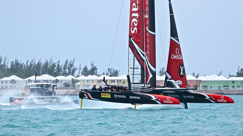 Emirates Team NZ overtakes the camera boat on Leg 1 Round Robin2, America's Cup Qualifier - Day 7, June 2, 2017 (ADT) photo copyright Richard Gladwell taken at  and featuring the AC50 class