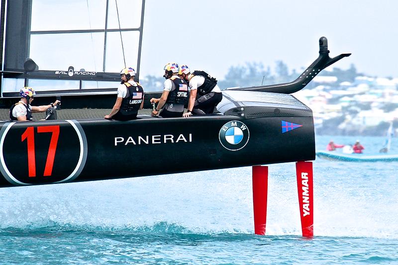 Tom Slingsby pedals hard Oracle Team USA - the hybrid grinding position was later removed in a weight saving measure - - Round Robin 2, Day 7 - 35th America's Cup - Bermuda June 2, 2017 - photo © Richard Gladwell