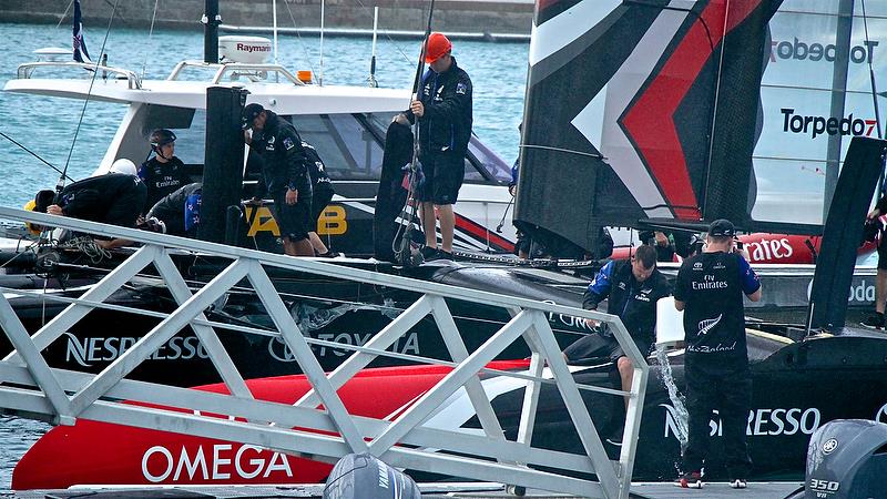 Emirates Team New Zealand - bailing the bow after Race 4 - Semi-Finals, America's Cup Playoffs- Day 11, June 6, 2017 (ADT) - photo © Richard Gladwell