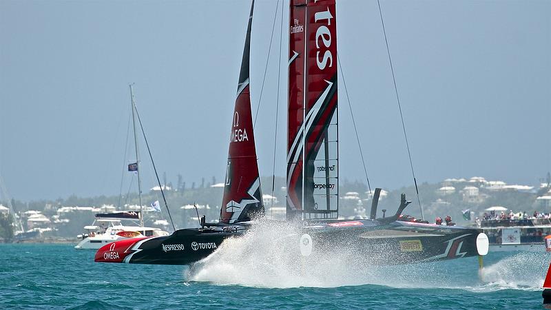 Emirates Team New Zealand gives chase at the start of Leg 4 - Race 5 -Semi-Finals, America's Cup Playoffs- Day 12, June 8, 2017 (ADT) photo copyright Richard Gladwell taken at  and featuring the AC50 class