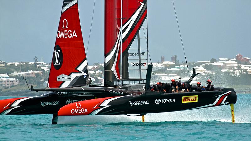 Emirates team New Zealand heads for the finish line - 26 sec ahead of Land Rover BAR - Leg 6 - Race 5 - Semi-Finals, America's Cup Playoffs- Day 12, June 8, 2017 (ADT) photo copyright Richard Gladwell taken at  and featuring the AC50 class