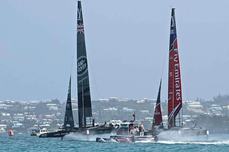 Emirates Team New Zealand and Land Rover BAR on Leg 1 - race 6 - Semi-Finals, America's Cup Playoffs- Day 12, June 8, 2017 (ADT) photo copyright Richard Gladwell taken at  and featuring the AC50 class