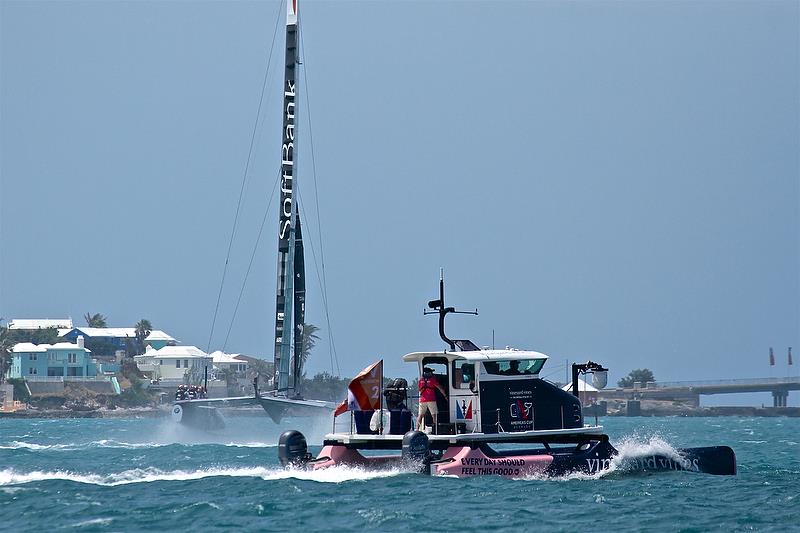 Softbank Team Japan and TV camera boat - Leg 4 -Race 8 - Semi-Finals, America's Cup Playoffs- Day 13, June 9, 2017 (ADT) photo copyright Richard Gladwell taken at  and featuring the AC50 class