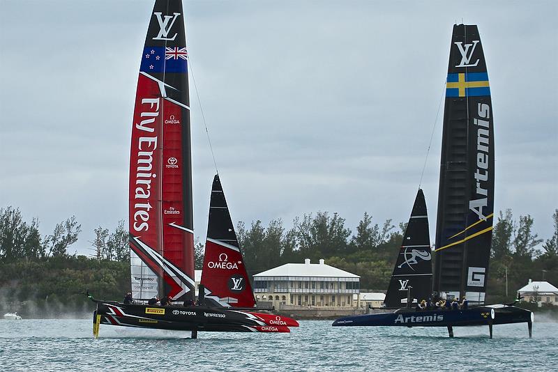 Emirates Team New Zealand and Artemis Racing head to head at the start of Race 3 - Challenger Final, Day 1 - 35th America's Cup - Day 14 - Bermuda June 10, 2017 photo copyright Richard Gladwell taken at  and featuring the AC50 class
