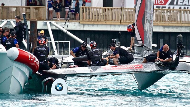 Emirates Team NZ side slips the AC50 into the team base after Race 3 - Finals, America's Cup Playoffs- Day 14, June 10, 2017 (ADT) photo copyright Richard Gladwell taken at  and featuring the AC50 class