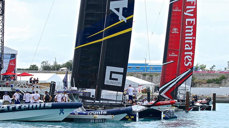 Artemis and ETNZ in the dock after racing - Finals, America's Cup Playoffs- Day 14, June 10, 2017 (ADT) photo copyright Richard Gladwell taken at  and featuring the AC50 class