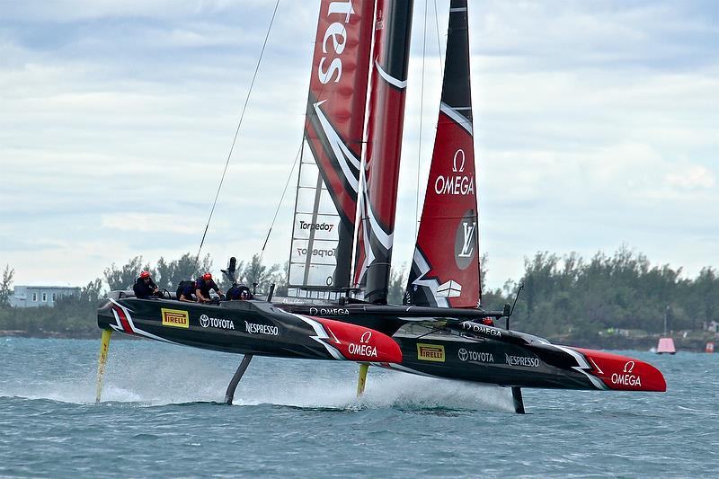 Emirates Team New Zealand starts a foiling tack - Race 4 - Finals, America's Cup Playoffs- Day 15, June 11, 2017 (ADT) photo copyright Richard Gladwell taken at  and featuring the AC50 class