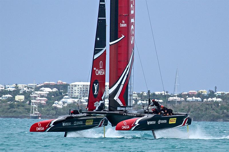 Foiling Gybe - Emirates Team New Zealand - Leg 4 - Race 5 - Finals, America's Cup Playoffs- Day 15, June 11, 2017 (ADT) photo copyright Richard Gladwell taken at  and featuring the AC50 class