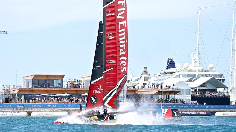 Emirates Team New Zealand salutes the fans -finish - Race 7 - Finals, America's Cup Playoffs- Day 15, June 12, 2017 (ADT) photo copyright Richard Gladwell taken at  and featuring the AC50 class