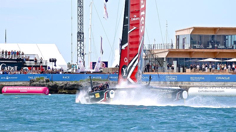 Emirates Team New Zealand salutes the fans -finish - Race 7 - Finals, America's Cup Playoffs- Day 15, June 12, 2017 (ADT) photo copyright Richard Gladwell taken at  and featuring the AC50 class