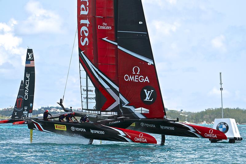Emirates Team New Zealand is well ahead at the finish of Race 1- America's Cup 35th Match - Match Day1 - Regatta Day 17, June 17, 2017 (ADT) photo copyright Richard Gladwell taken at  and featuring the AC50 class