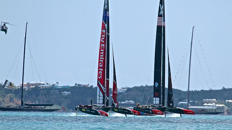 Bookended by two J- Class, Emirates Team New Zealand Oracle Team USA contest the start of Race 2 - America's Cup 35th Match - Match Day1 - Regatta Day 17, June 17, 2017 (ADT) photo copyright Richard Gladwell taken at  and featuring the AC50 class
