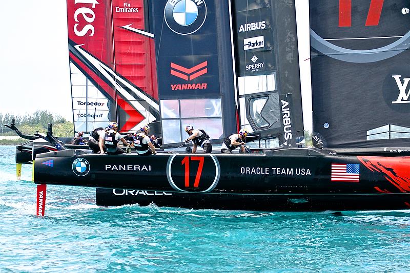 Emirates Team New Zealand and Oracle Team USA - leg 1- 35th America's Cup Match - Start Race 1 - Bermuda June 17, 2017 photo copyright Richard Gladwell taken at  and featuring the AC50 class