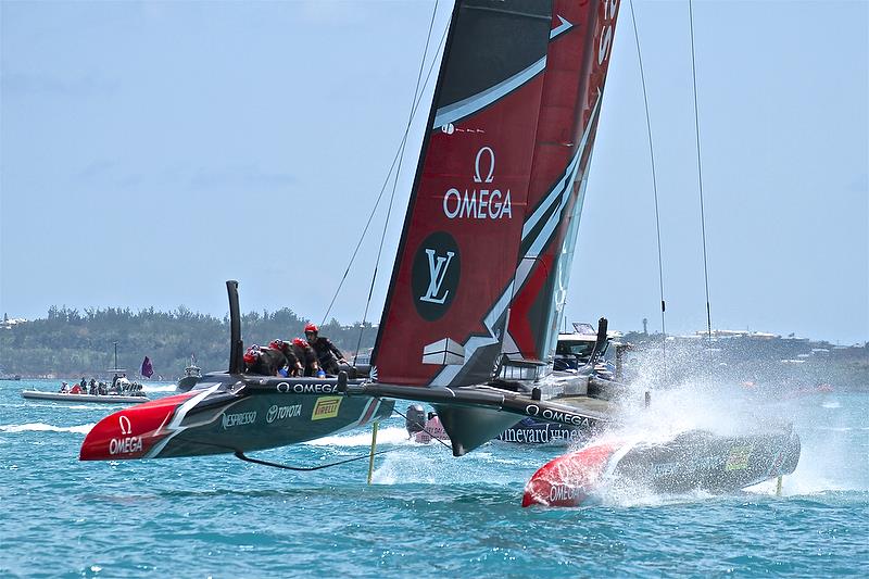 Emirates Team New Zealand finishes Race 2 - 35th America's Cup Match - Bermuda June 17, 2017 photo copyright Richard Gladwell taken at  and featuring the AC50 class