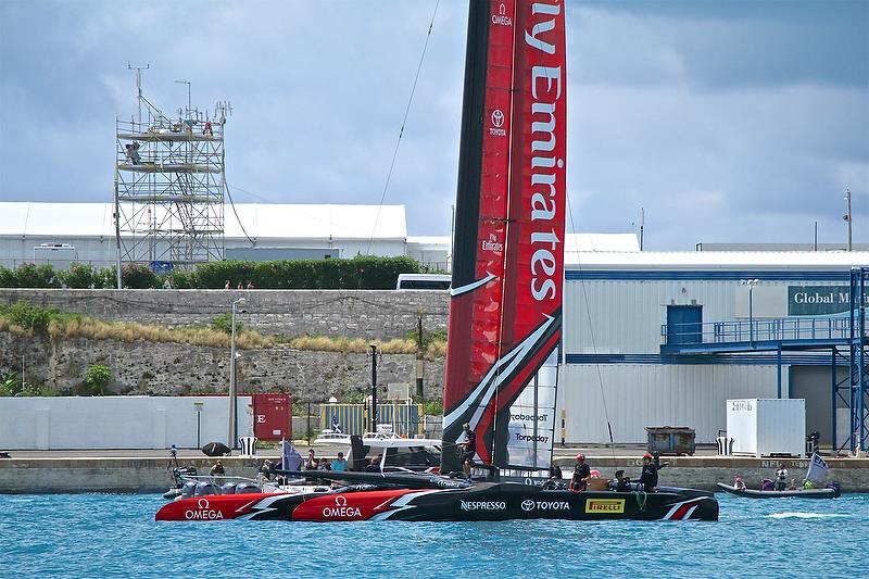Emirates Team New Zealand is sideslipped to her base, with the tower of the International Broadcast Centre behind - America's Cup 35th Match - Match Day1 - Regatta Day 17, June 17, 2017 (ADT) photo copyright Richard Gladwell taken at  and featuring the AC50 class