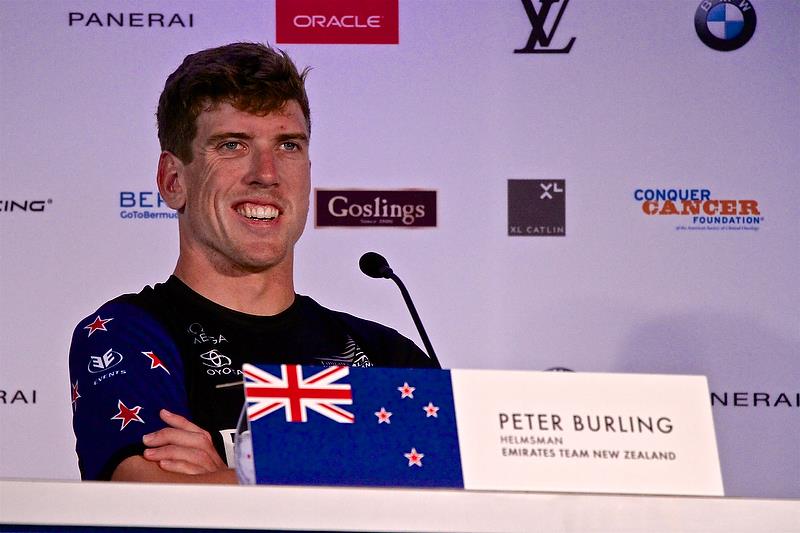 Peter Burling smiles at one of Jimmy Sputhill's quips at the media conference - America's Cup 35th Match - Match Day1 - Regatta Day 17, June 17, 2017 (ADT) photo copyright Richard Gladwell taken at  and featuring the AC50 class