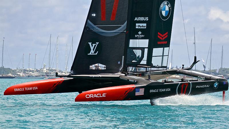 Oracle Team USA finishing Race 2 - 35th America's Cup Match - Bermuda June 17, 2017 photo copyright Richard Gladwell taken at  and featuring the AC50 class