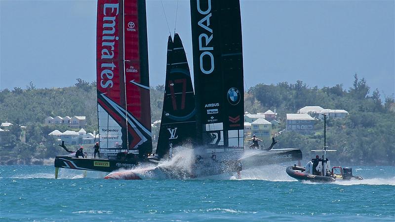 Oracle Team USA and Emirates Team New Zealand ahead of the start of Race 3 - America's Cup 35th Match - Match Day2 - Regatta Day 18, June 18, 2017 (ADT) - photo © Richard Gladwell