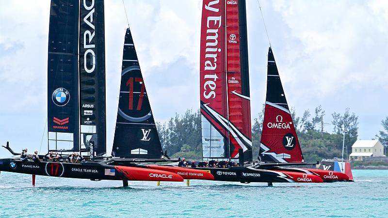 Emirates Team New Zealand leads across the start-line - America's Cup 35th Match - Match Day 5 - Regatta Day 21, June 26, 2017 (ADT) photo copyright Richard Gladwell taken at  and featuring the AC50 class
