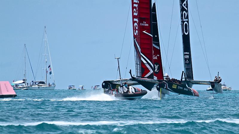 Emirates Team New Zealand trails Oracle Team USA around Mark 1 - America's Cup 35th Match - Match Day 5 - Regatta Day 21, June 26, 2017 (ADT) photo copyright Richard Gladwell taken at  and featuring the AC50 class