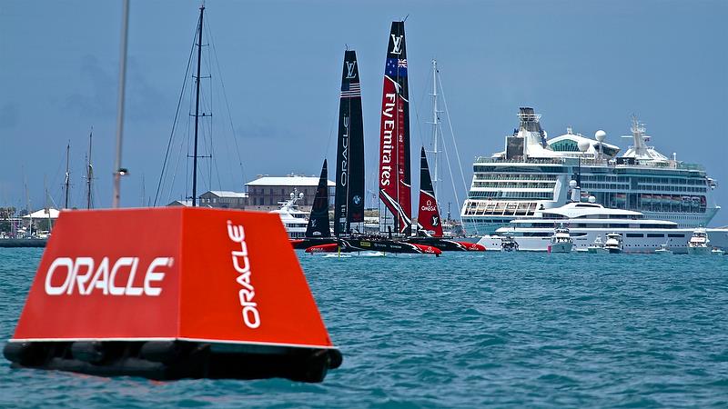 After a no-look gybe on Leg 2, Emirates Team New Zealand has gained the lead at the start of Leg 3 - America's Cup 35th Match - Match Day 5 - Regatta Day 21, June 26, 2017 (ADT) photo copyright Richard Gladwell taken at  and featuring the AC50 class