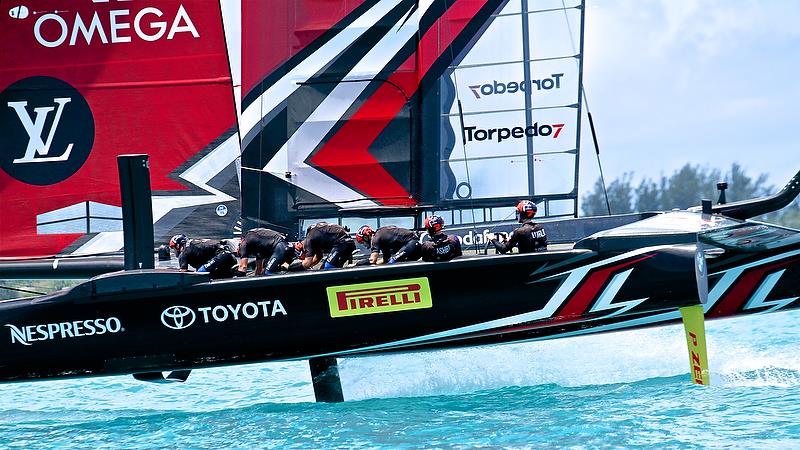 Emirates Team New Zealand warm up - America's Cup 35th Match - Match Day 5 - Regatta Day 21, June 26, 2017 (ADT) photo copyright Richard Gladwell taken at  and featuring the AC50 class