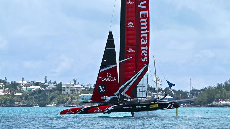 Emirates Team New Zealand starts to stretch away on Leg 5 - America's Cup 35th Match - Match Day 5 - Regatta Day 21, June 26, 2017 (ADT) photo copyright Richard Gladwell taken at  and featuring the AC50 class