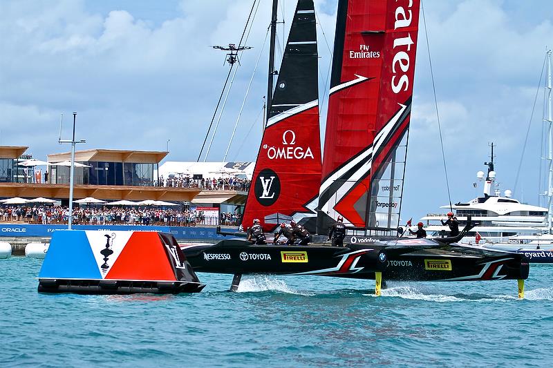 Emirates Team New Zealand crosses the finish line to win the America's cup - America's Cup 35th Match - Match Day 5 - Regatta Day 21, June 26, 2017 (ADT) photo copyright Richard Gladwell taken at  and featuring the AC50 class