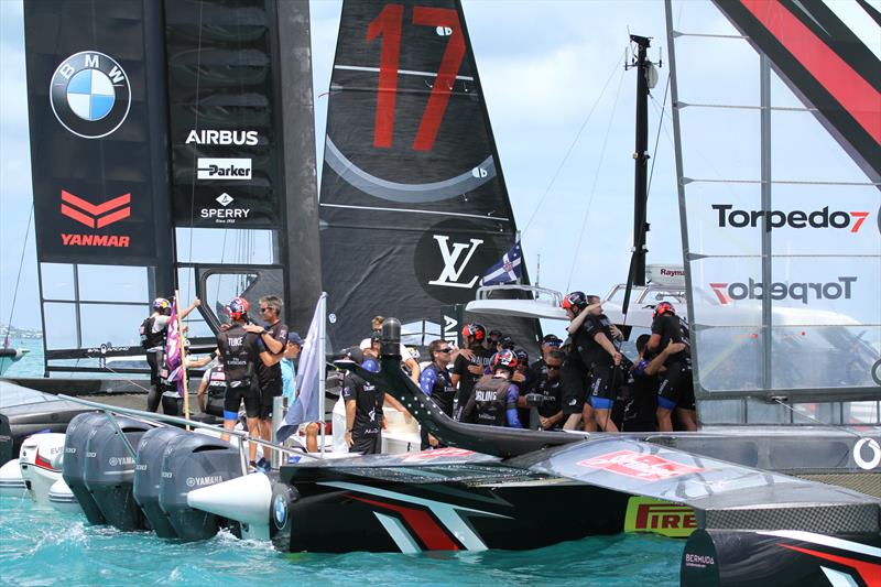 Oracle Team USA comes alongside to offer their congratulations - America's Cup 35th Match - Match Day 5 - Regatta Day 21, June 26, 2017 (ADT) photo copyright Richard Gladwell taken at  and featuring the AC50 class
