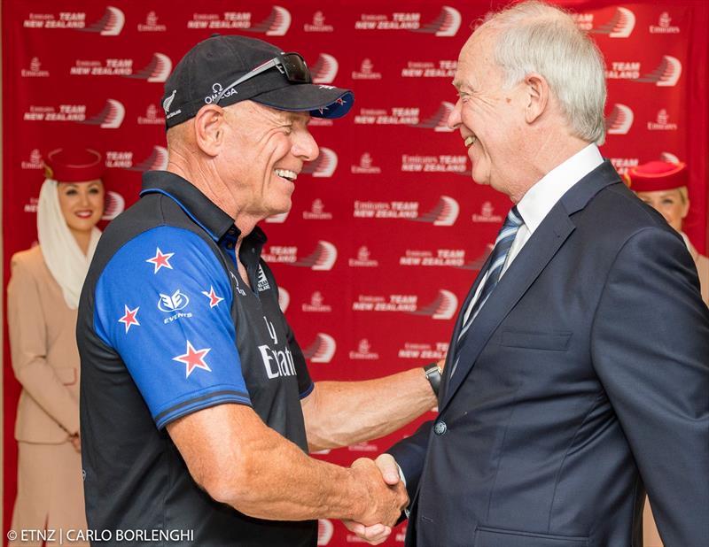 Grant Dalton with the President of Emirates Airlines, Sir Tim Clark photo copyright Emirates Team New Zealand taken at Royal New Zealand Yacht Squadron and featuring the AC50 class