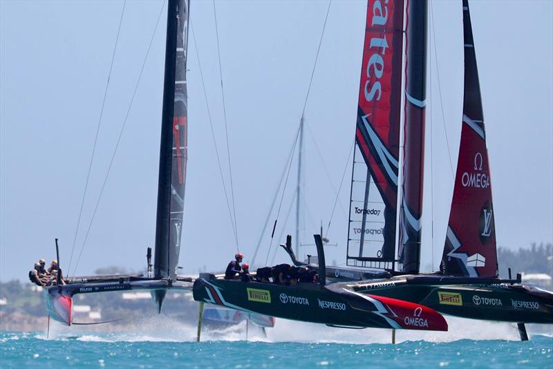 The Defender Oracle Team USA in a familiar position behind Emirates Team NZ. The Defender was only able to head the Challenger around 49 of the 54 marks in the 35th Match  - photo © Emirates Team New Zealand