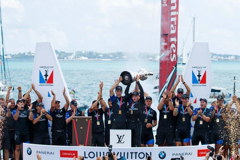 Emirates Team New Zealand lift the America's Cup for the first time in Bermuda photo copyright Emirates Team New Zealand taken at Royal New Zealand Yacht Squadron and featuring the AC50 class