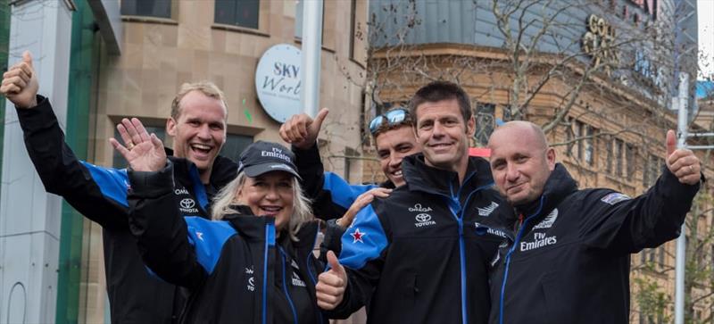 Tina Symmans (second from the left) duirng the Emirates Team NZ victory parade photo copyright Emirates Team NZ taken at  and featuring the AC50 class